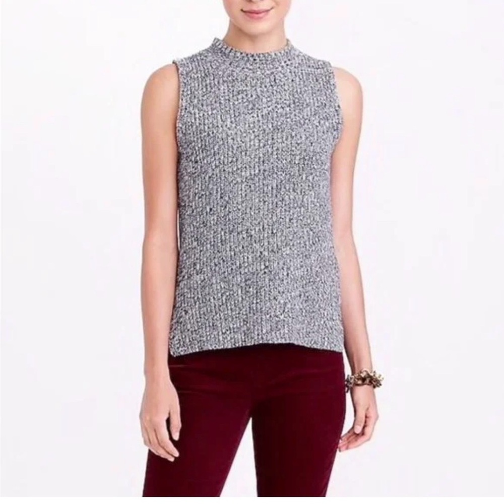 J.Crew Marled Black White Knit Mock Neck Sleeveless Top XS Cotton Wool Spring